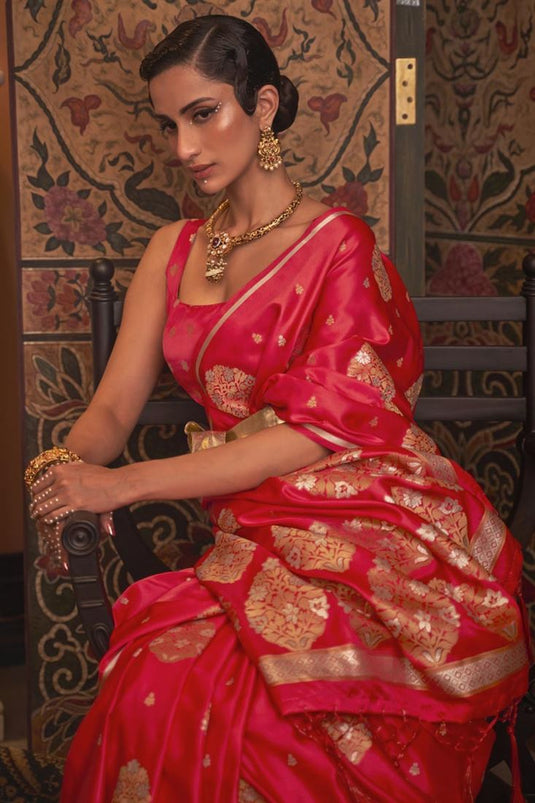 Excellent Satin Fabric Red Color Party Style Saree