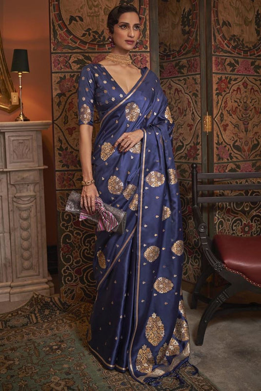 Navy Blue Color Satin Fabric Beatific Party Style Saree