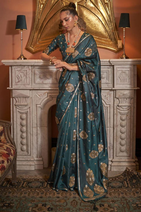 Beguiling Teal Color Satin Fabric Party Wear Saree