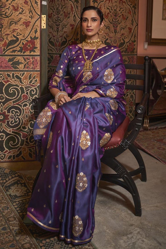 Tempting Satin Fabric Purple Color Party Style Saree