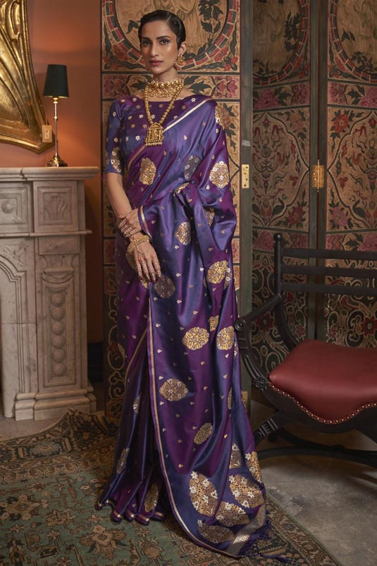 Tempting Satin Fabric Purple Color Party Style Saree