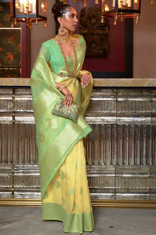 Yellow Color Linen Fabric Tempting Party Look Saree