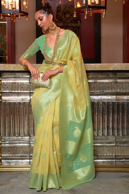 Yellow Color Linen Fabric Tempting Party Look Saree