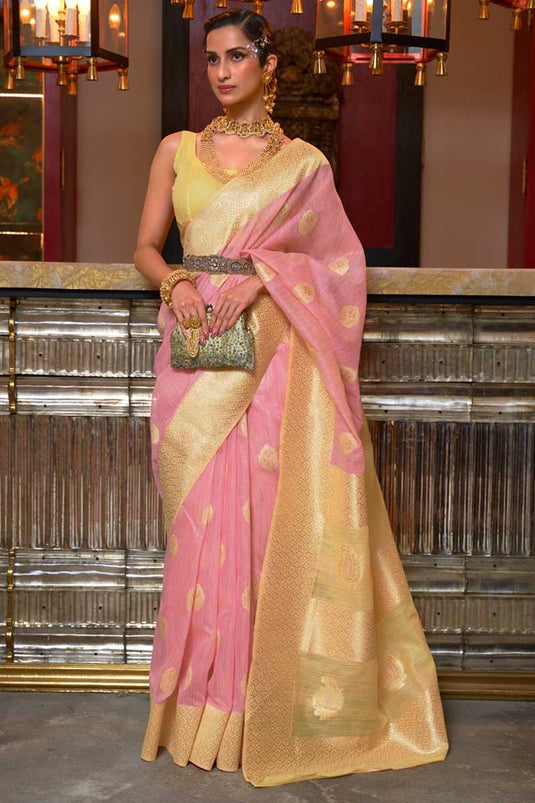 Linen Fabric Beguiling Pink Color Party Look Saree