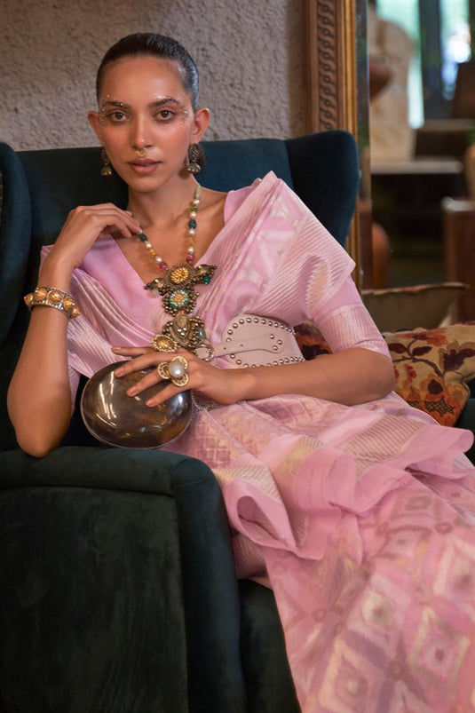 Hot Pink Handloom Woven Linen Classic Saree