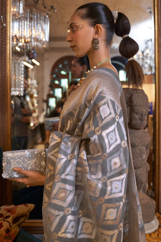 Grey Linen Trendy Handloom Woven Saree