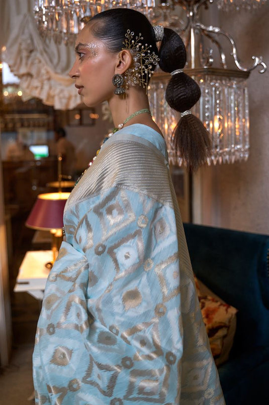 Light Cyan Handloom Woven Linen Trendy Saree