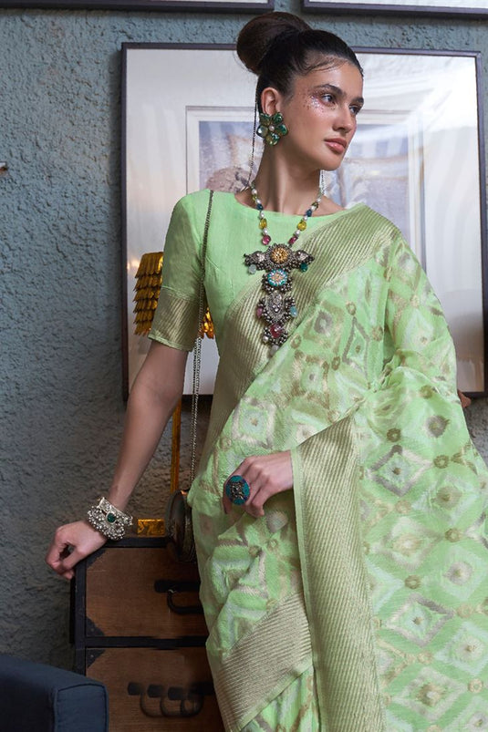 Linen Handwork Woven Green Classic Saree