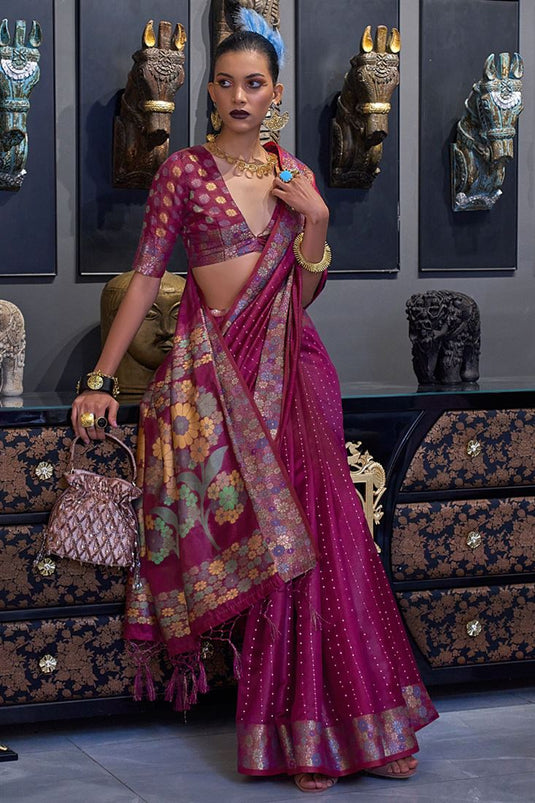 Rani Color Intricate Function Look Sequins Work Organza Saree