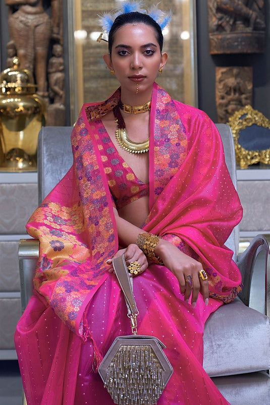 Function Look Luxurious Sequins Work Organza Saree In Pink Color