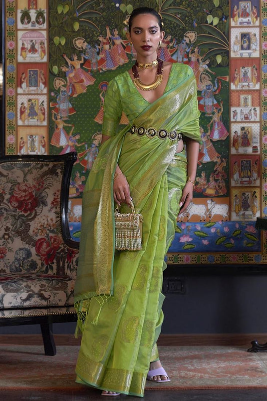 Organza Fabric Embellished Handloom Weaving Green Saree