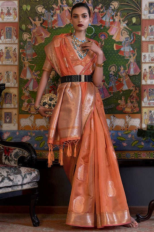 Organza Fabric Orange Color Amazing Handloom Weaving Saree