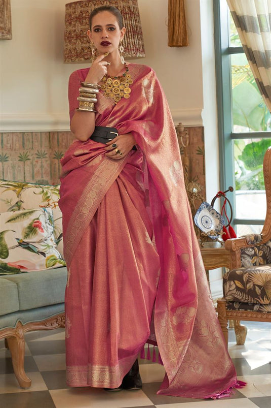 Kalki Koechlin Pink Satin And Tissue Fabric Weaving Work Saree
