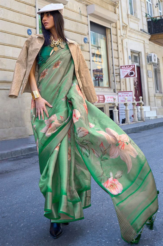 Satin Organza Fabric Green Color Gorgeous Digital Printed Saree