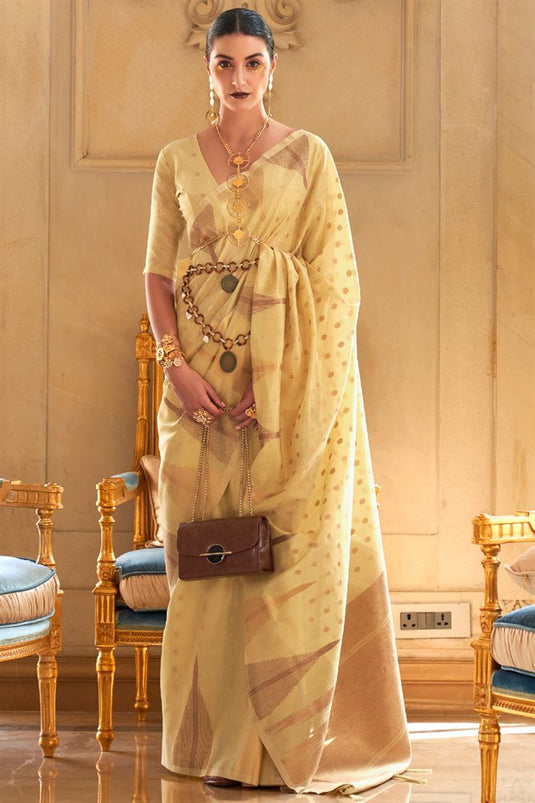 Glamorous Weaving Designs Tissue Fabric Yellow Color Saree