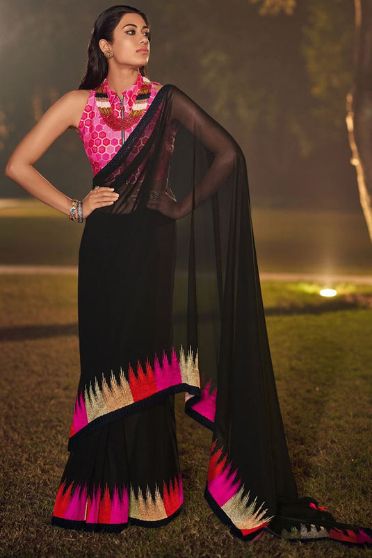 Georgette Fabric Border Work Party Wear Bright Saree In Black Color