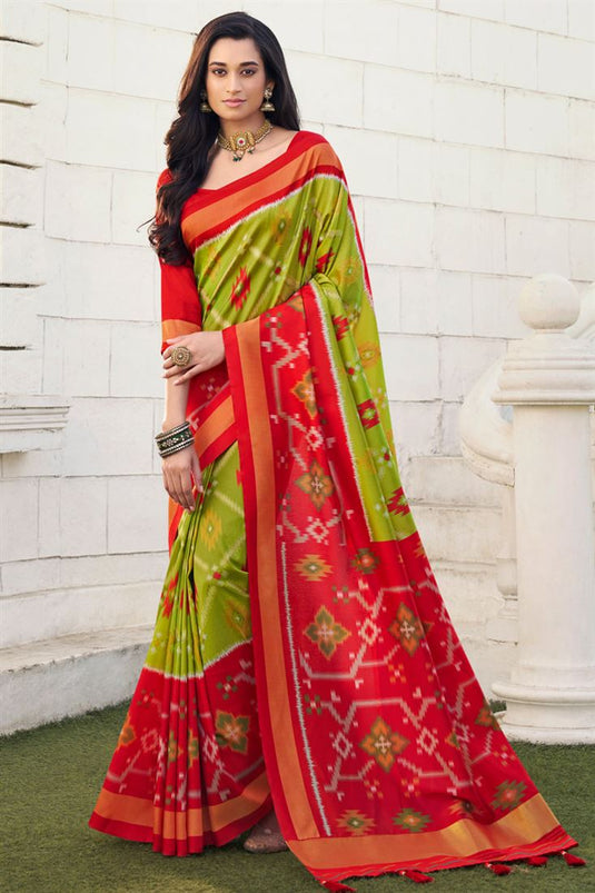 Tempting Digital Printed Green Color Patola Art Silk Saree