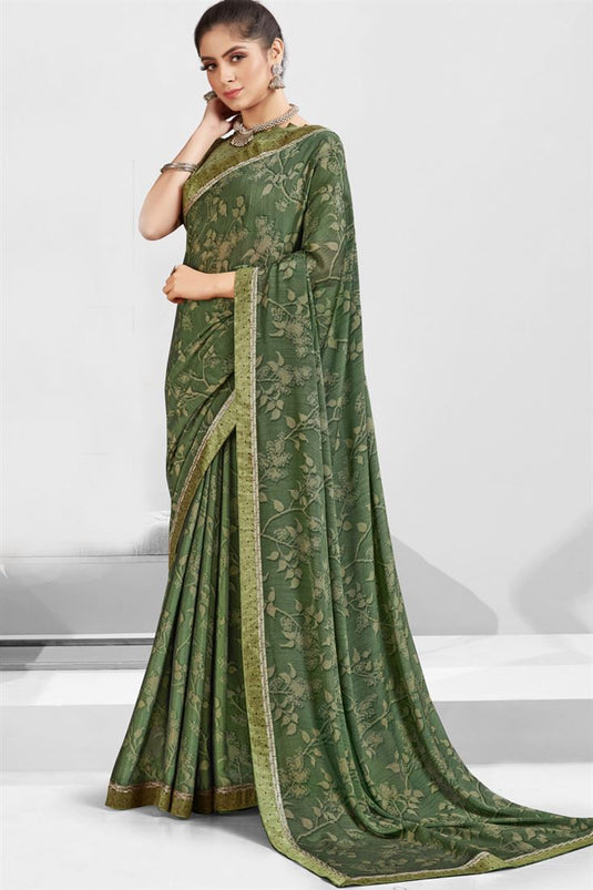 Bewitching Georgette Printed Saree In Olive Color