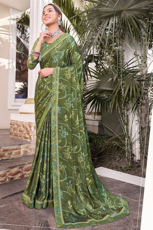 Olive Color Georgette Engaging Printed Casual Saree