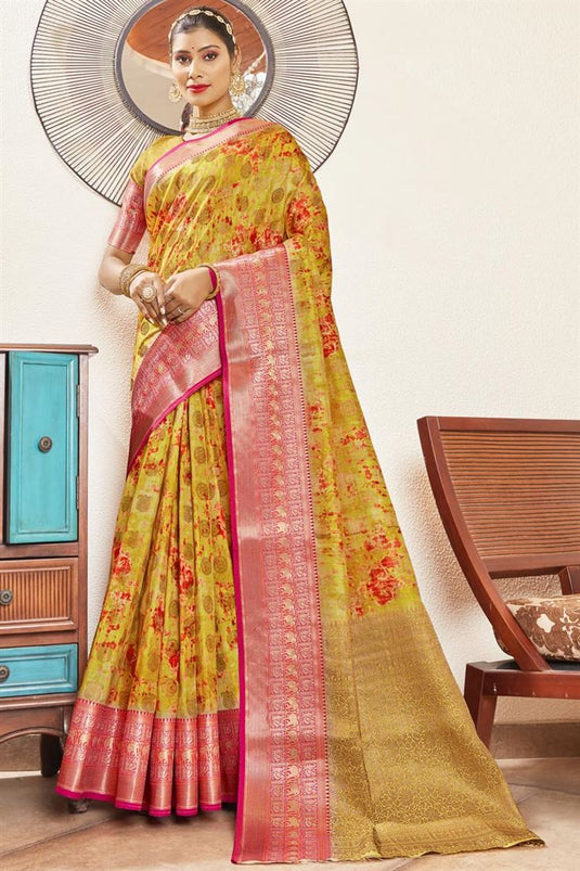 Incredible Yellow Color Digital Printed Art Silk Saree