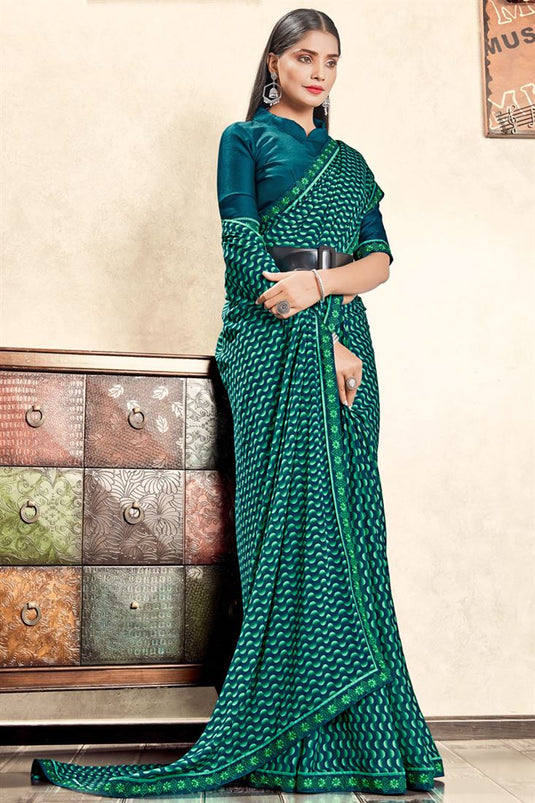 Excellent Georgette Teal Color Casual Look Printed Saree