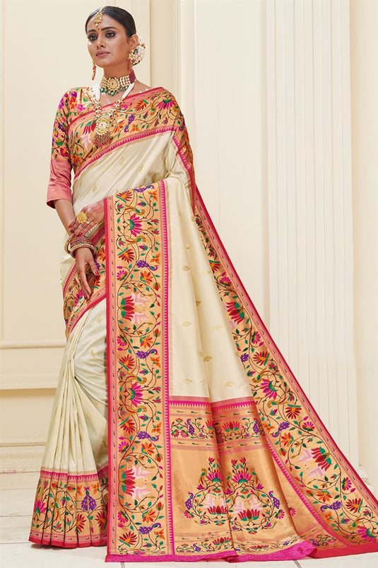 Beige Color Paithani Silk Fabric Designer Weaving Work Function Wear Saree