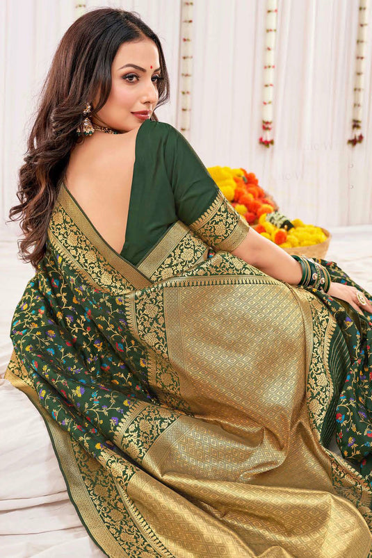 Dark Green Color Weaving Work Art Silk Fabric Sangeet Wear Saree