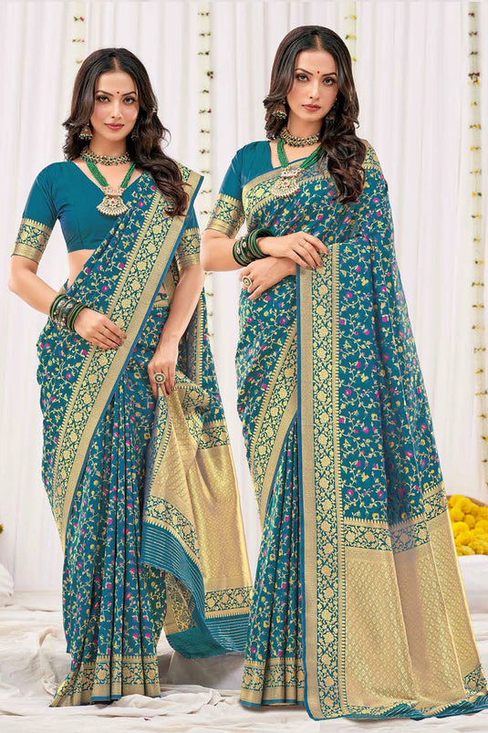 Art Silk Fabric Wedding Wear Dark Cyan Color Fancy Weaving Work Saree
