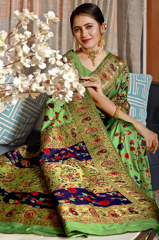 Festival Wear Banarasi Style Art Silk Fabric Saree In Green Color With Weaving Work Pallu