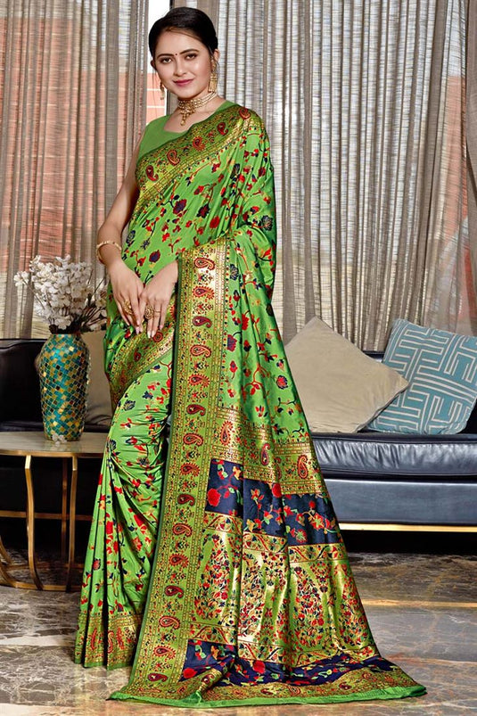 Festival Wear Banarasi Style Art Silk Fabric Saree In Green Color With Weaving Work Pallu