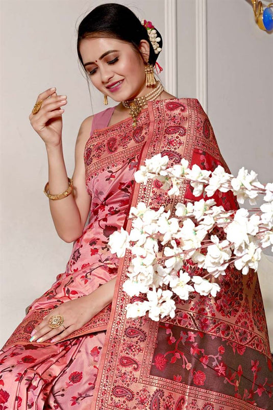 Pink Color Art Silk Fabric Festival Wear Banarasi Style Saree With Weaving Work Pallu