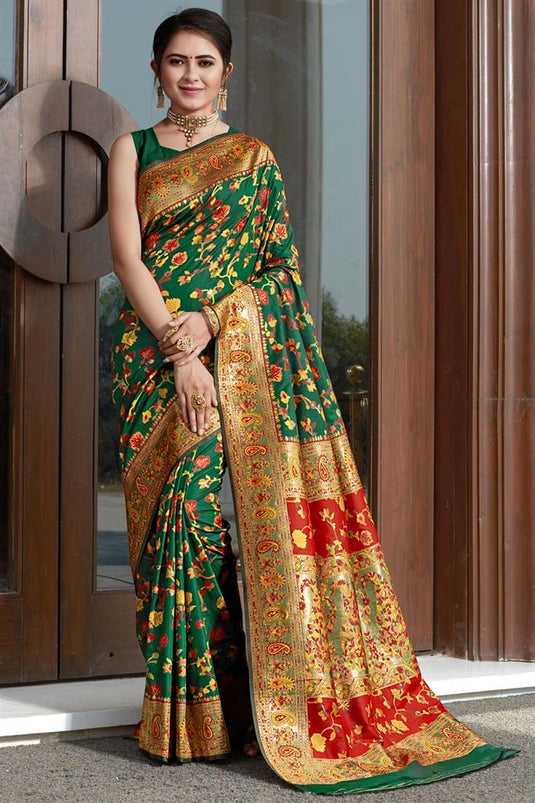 Beguiling Weaving Work Pallu On Green Color Art Silk Fabric Banarasi Style Festival Wear Saree