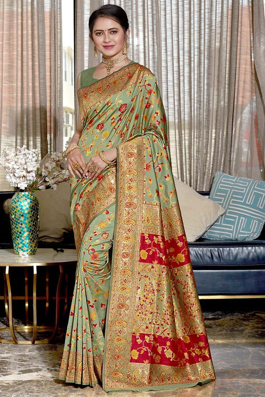 Incredible Weaving Work Pallu On Art Silk Fabric Sea Green Color Festival Wear Banarasi Style Saree