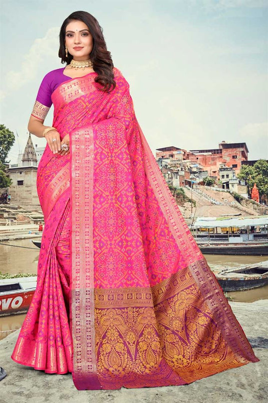 Patola Silk Fabric Pink Color Winsome Weaving Work Saree