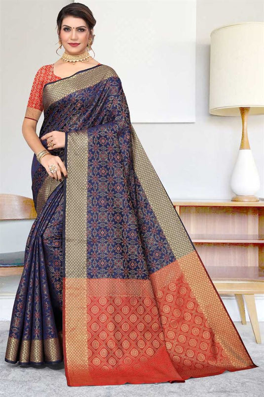 Engaging Navy Blue Color Patola Silk Fabric Saree In Festival Wear