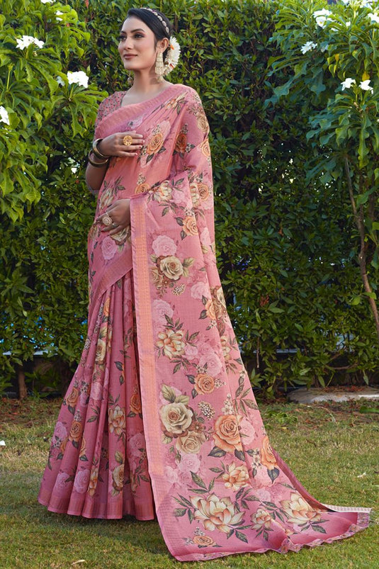 Entrancing Cotton Silk Fabric Festive Look Saree In Pink Color