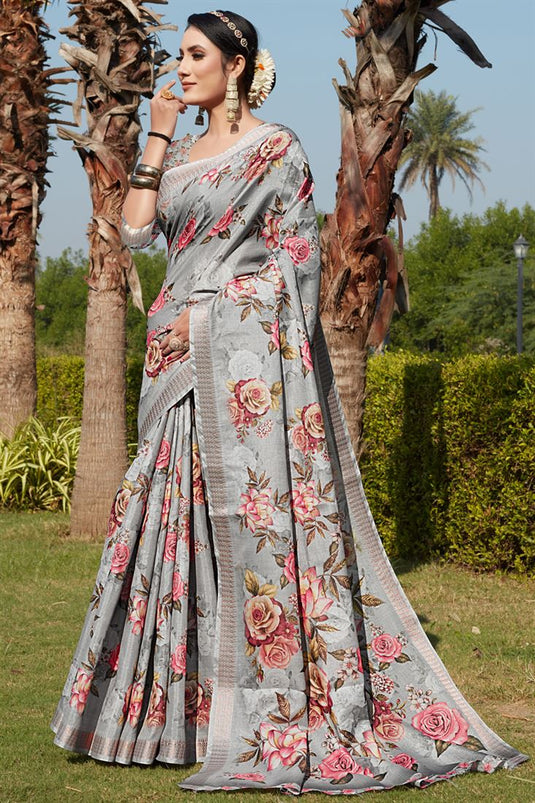 Charming Grey Color Cotton Silk Fabric Festive Look Saree