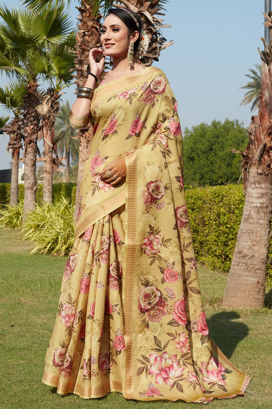 Mesmeric Yellow Color Festive Look Saree In Cotton Silk Fabric