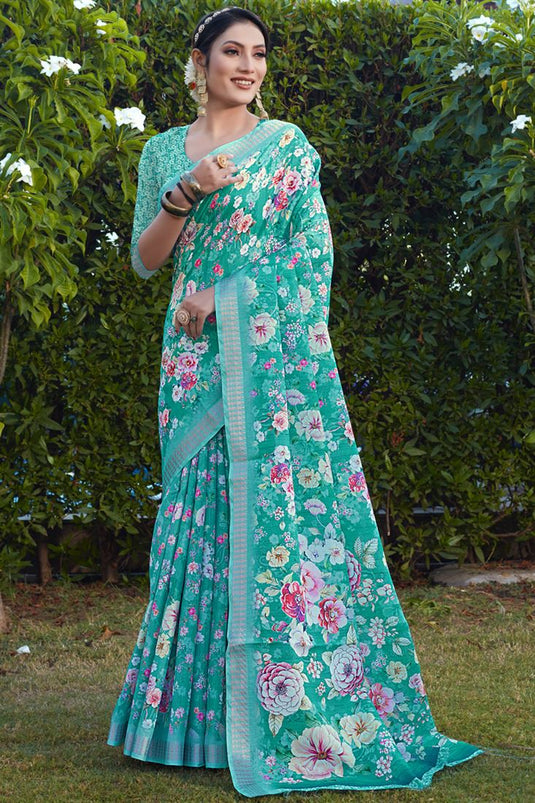 Radiant Cyan Color Cotton Silk Fabric Festive Look Saree