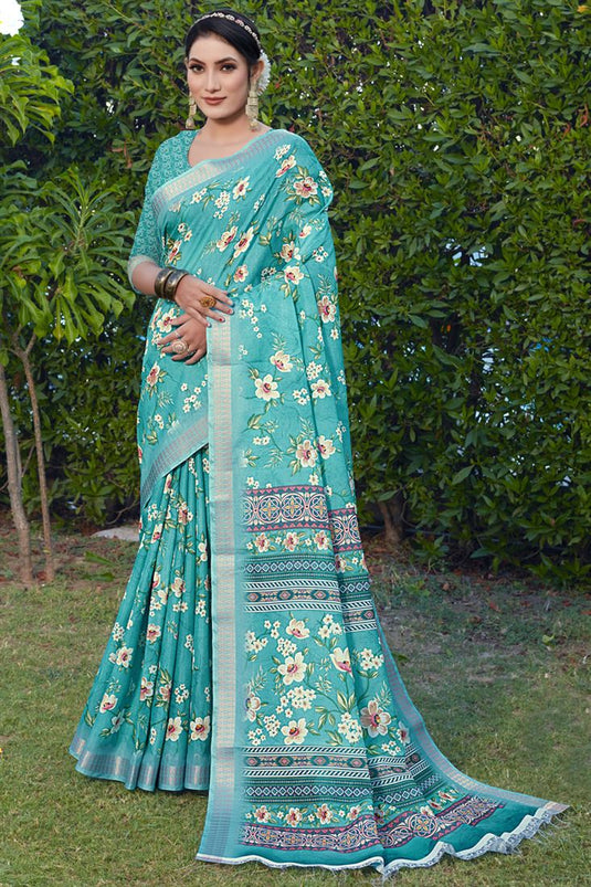 Incredible Cotton Silk Fabric Cyan Color Festive Style Saree