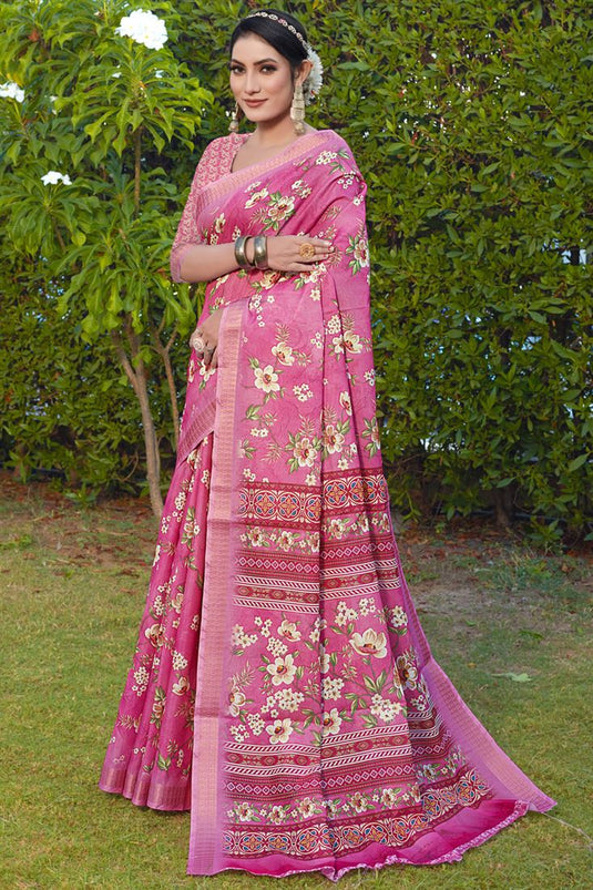 Tempting Pink Color Cotton Silk Festive Look Saree