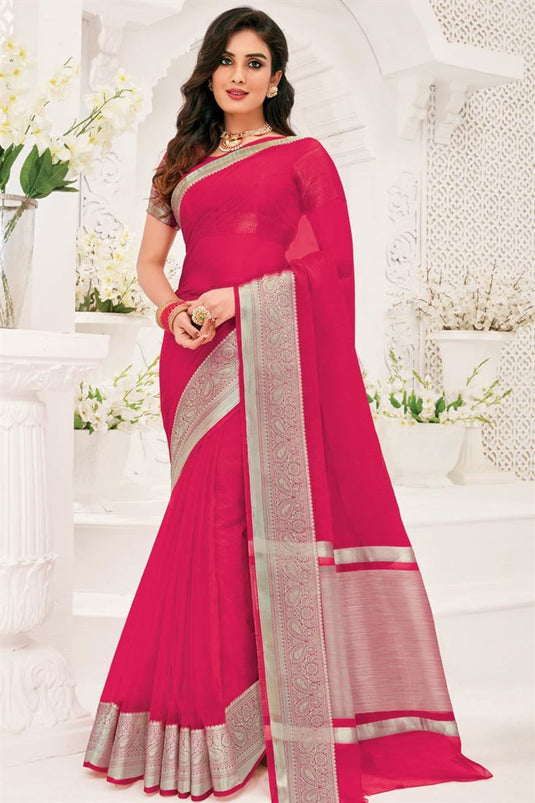 Casual Wear Pink Color Weaving Border Work Stylish Saree In Organza Fabric