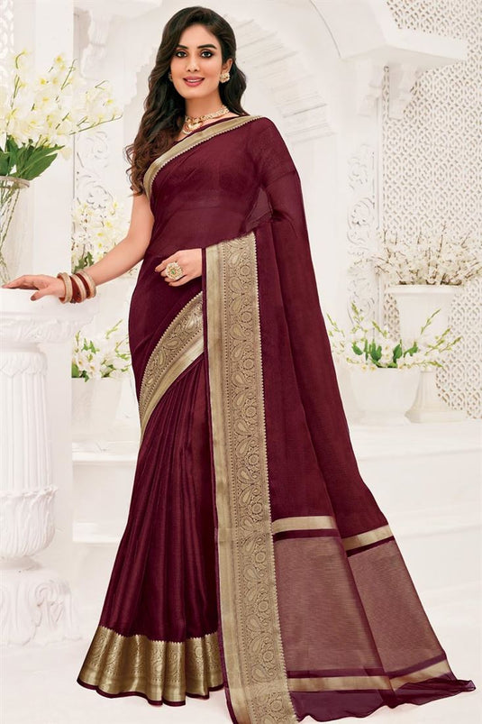 Casual Wear Maroon Color Organza Fabric Saree With Imperial Weaving Border Work