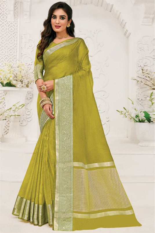 Casual Wear Glittering Olive Color Organza Fabric Saree With Weaving Border Work