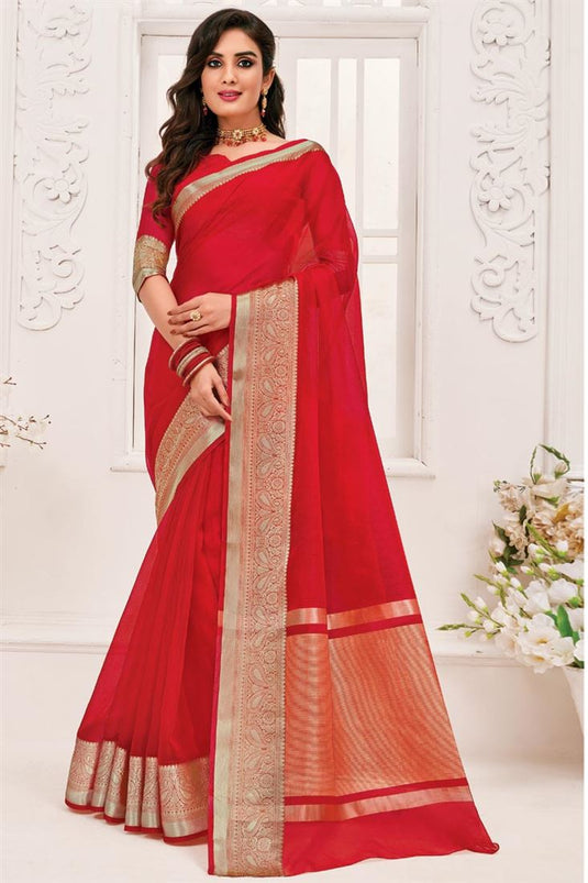 Casual Wear Organza Fabric Mesmeric Weaving Border Work Saree In Red Color