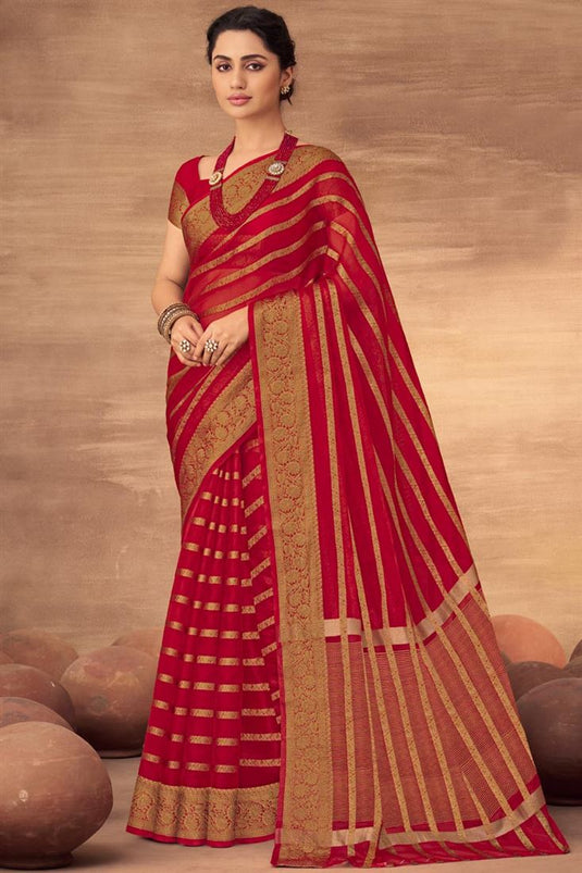 Red Color Organza Saree With Fascinating Weaving Work