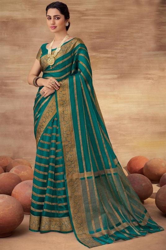 Teal Color Superior Organza Saree With Weaving Work