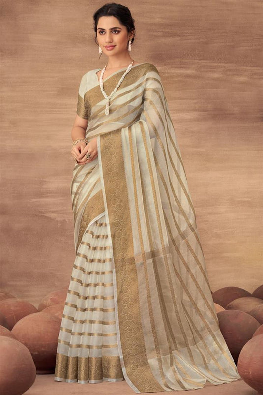 Engaging Beige Color Organza Saree With Weaving Work