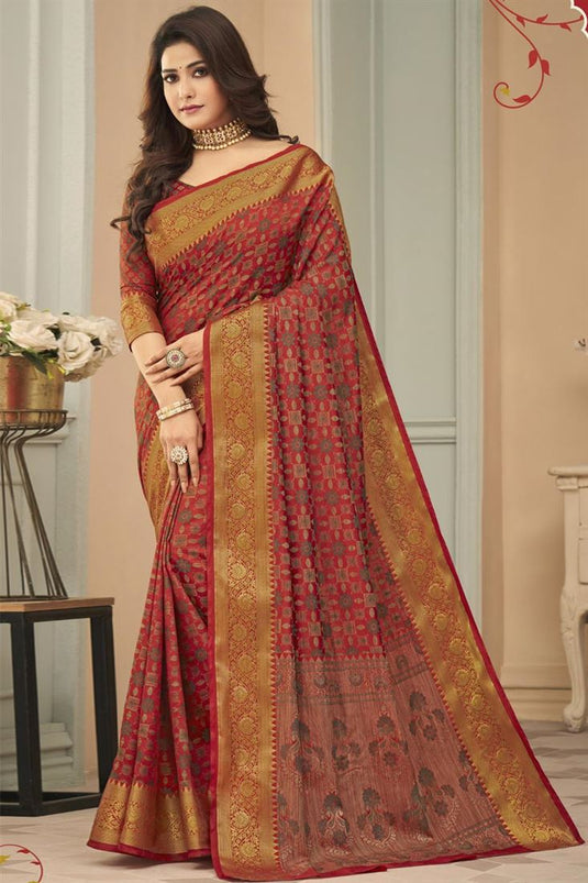 Art Silk Fabric On Festival Wear Red Color Gorgeous Saree With Weaving Work