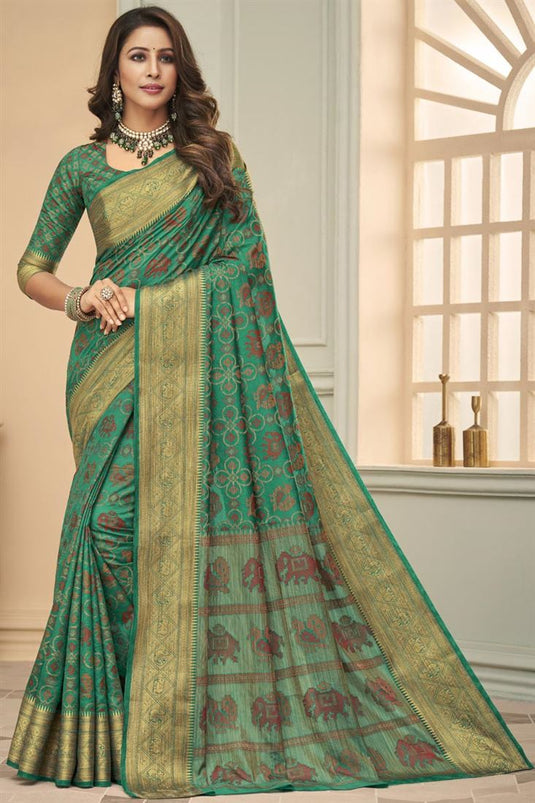 Festival Wear Art Silk Fabric Weaving Work Soothing Saree In Green Color